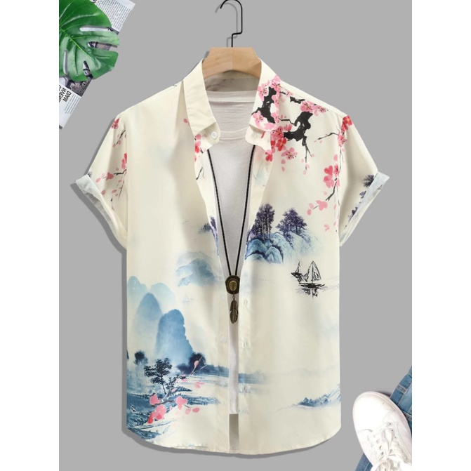 Áo sơ mi hoa anh đào thủy mặc phong cách Nhật Bản, vải thô đúng form, dành cho cả nam và nữ, mặc đi biển, dã ngoại