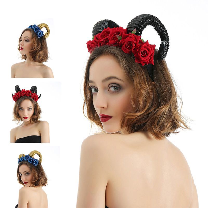 Băng Đô Sừng Cừu Đính Hoa Hồng Nhân Tạo Hóa Trang Halloween
