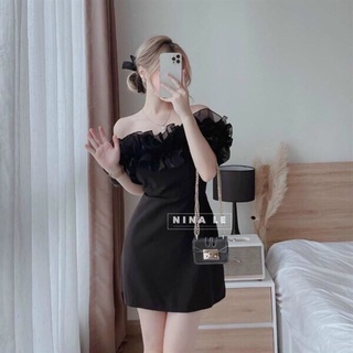 Đầm trễ vai phối voan fom chuẩn chất vải dày dặn