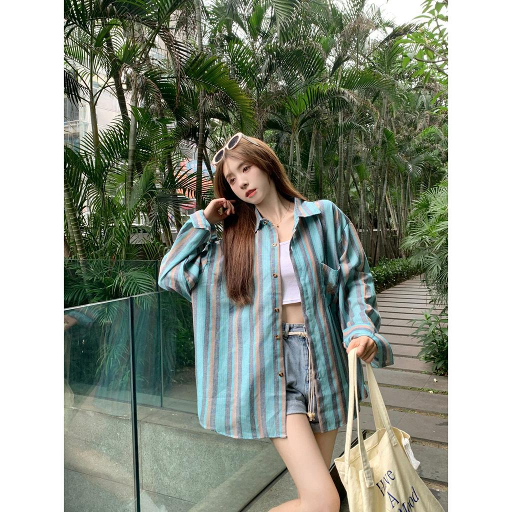 「 WELOVE1 」Áo Sơ Mi Chống Nắng Tay Dài Thêu Họa Tiết Sọc Xanh Lá Tương Phản Đa Năng Cho Nữ