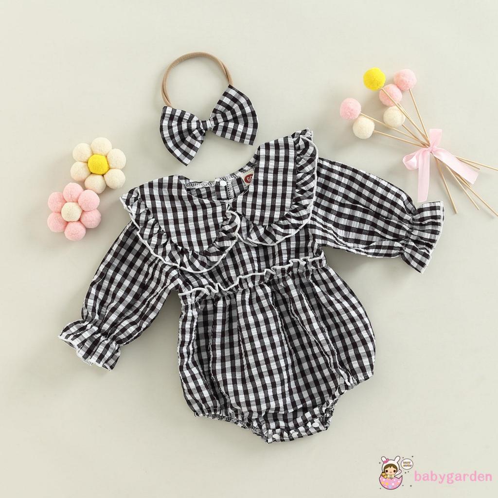 Bộ Áo Liền Quần Tay Dài Cổ Búp Bê Kẻ Sọc Caro + Băng Đô Cài Tóc Thời Trang Mùa Thu Cho Bé Gái 0-18 Tháng Tuổi