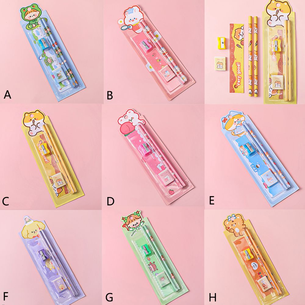 Set 5 dụng cụ học tập dễ thương dùng làm quà tặng mang đi thi dành cho học sinh gồm bút chì/ thước/ gôm/ đồ chuốt