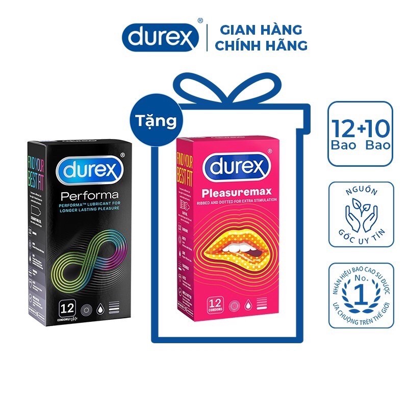 Bộ 1 hộp bao cao su Durex Performa 12 bao + tặng 1 hộp Durex Pleasuremax 12 bao