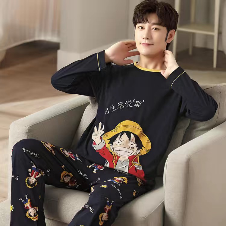 Bộ Đồ Ngủ Tay Dài Chất Liệu Cotton In Họa Tiết Hoạt Hình Dễ Thương Thời Trang Cho Nam