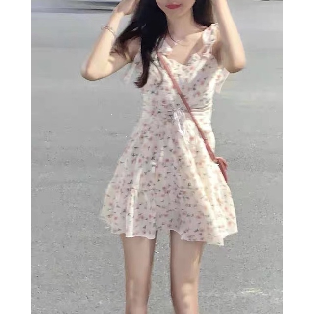 Đầm hoa hai dây cột eo váy đầm dáng ngắn xoè cho nữ