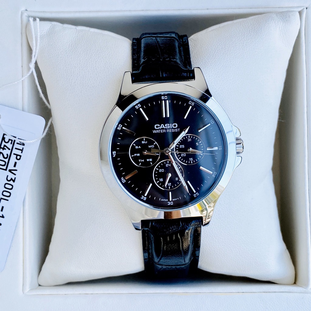 Đồng hồ nam dây da Casio MTP V300L-1AV mặt đen 6 kim chống nước 5ATM Bảo hành 1 năm Hyma watch