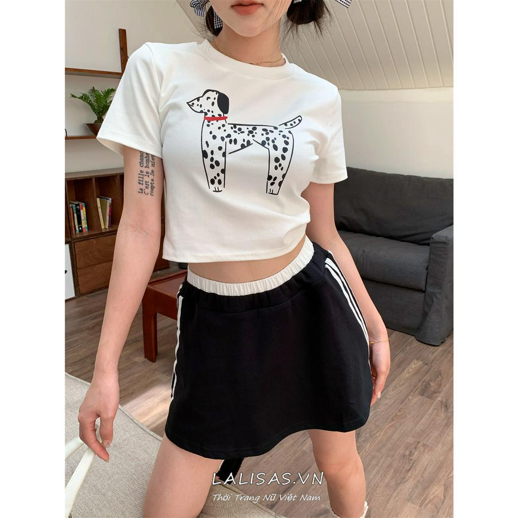Lalisas Áo Croptop Tay Ngắn In Hình Chú Chó Đốm Vui Nhộn Thời Trang Thường Ngày Cho Nữ