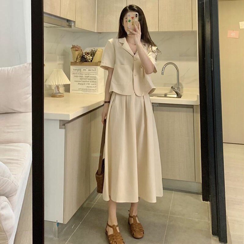 Set chân váy cạp cao phối áo vest ngắn tay