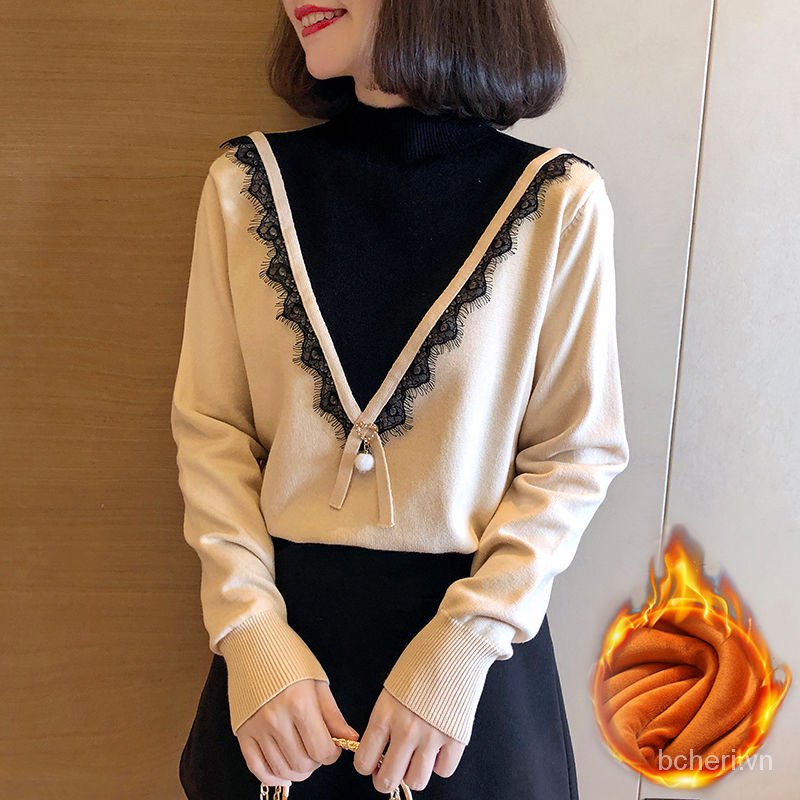 áo len cao cổ nữ thu đông đan sợi cổ giả hai lớp sơ mi điệu đà dễ phối đồ