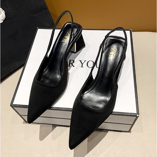 Giày Mules slingback da lộn mũi nhọn zara quai chun đế tráng gương công sở