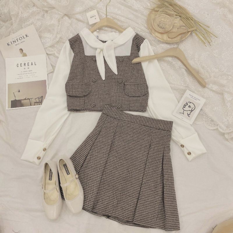 Set áo dạ kẻ kèm chân váy xếp ly 🍒 chất dạ đẹp🍒