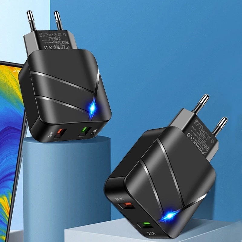 Cốc Sạc Nhanh 28W Hai Cổng USB QC3.0+2.1A Tích Hợp Đèn Phích Cắm US EU Tiện Dụng Mang Theo Du Lịch Cho Điện Thoại
