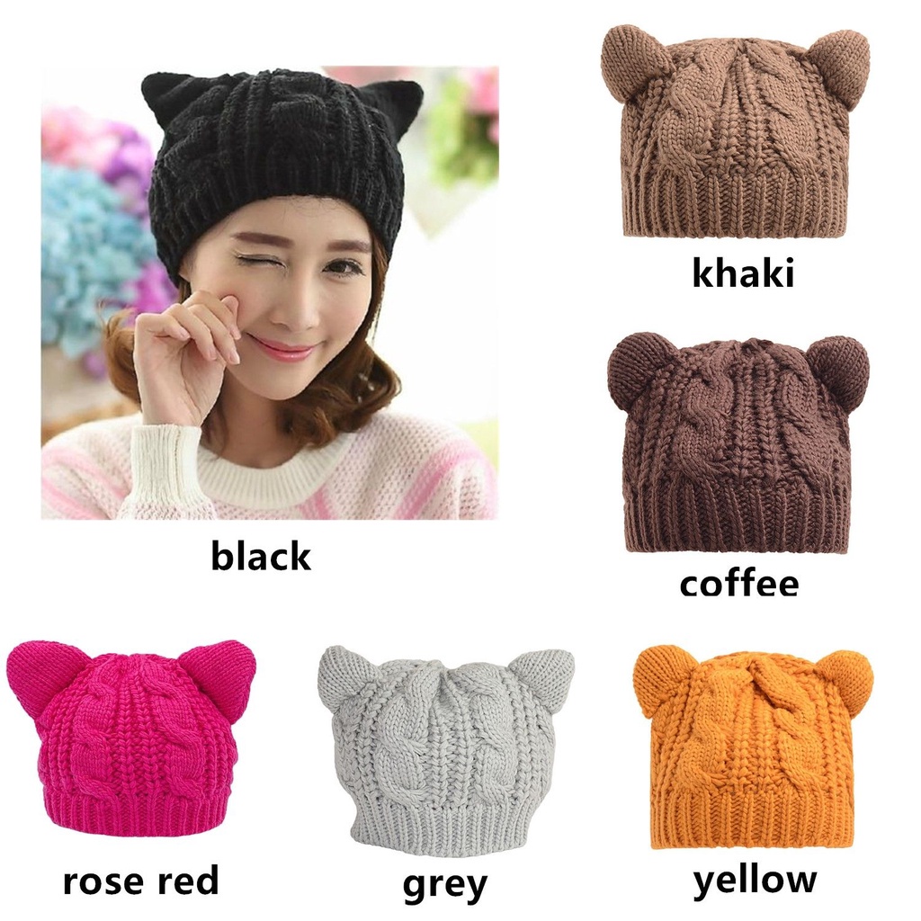 Mũ beanie dệt kim co giãn màu trơn hình tai mèo dễ thương thời trang mùa đông cho nữ