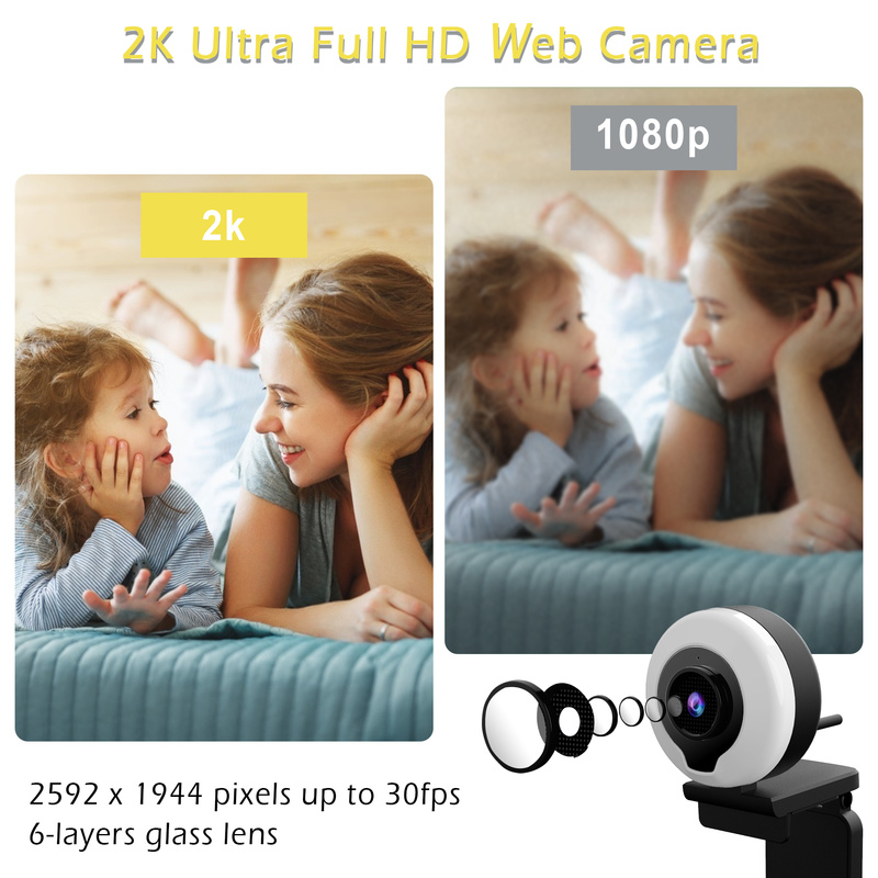 Webcam 2K HD Có Vòng Đèn Led Tự Động Chỉnh Được Cho Máy Tính/laptop