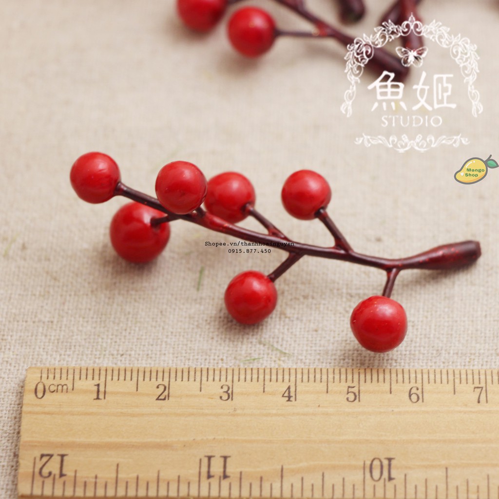 Nhánh 7 hạt mai đỏ phụ kiện chụp ảnh và trang trí Noel giáng sinh