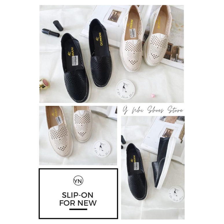 Giày lười nữ Slip-on chất liệu đục lỗ 2 màu đen và kem, đế su đúc mềm êm