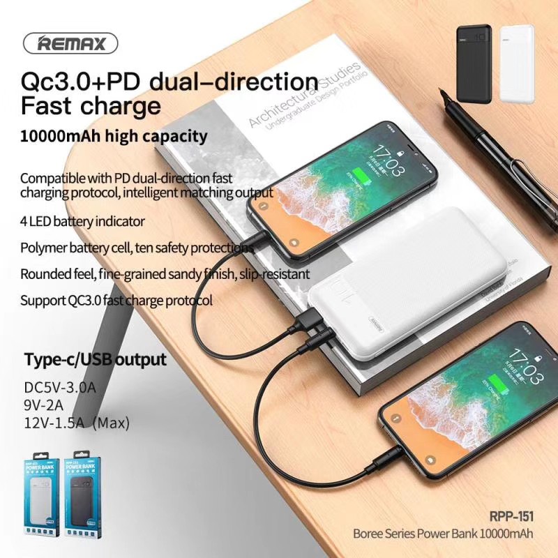 [SIÊU RẺ] Pin dự phòng Remax Boree 10000mah QC 3.0 + PD Dual Direction Fast Charging RPP-151 - Hàng Chính Hãng