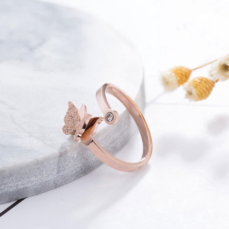 Butterfly Diamond Open Ring Rose Gold Scrub Couple Titanium Steel Ring