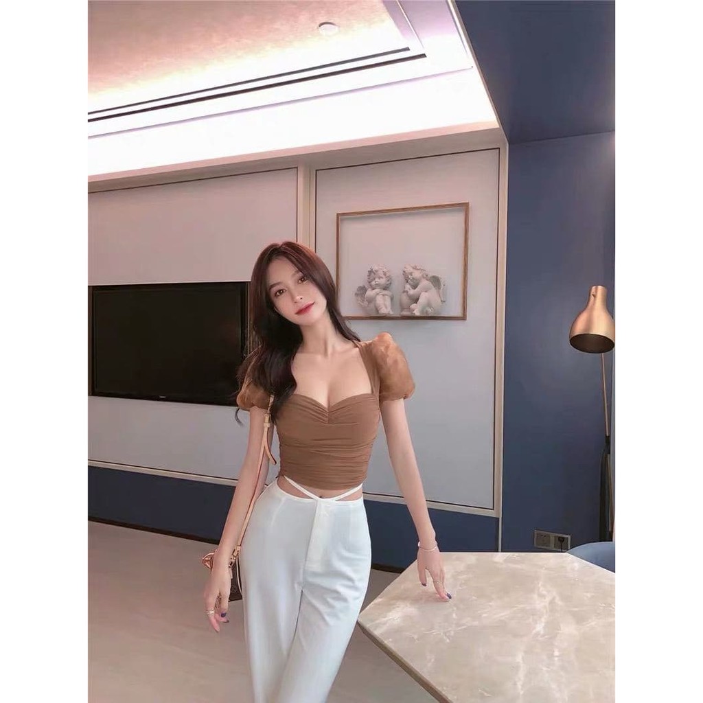 [Mã WASKT410K giảm 10K đơn 50K] Áo Croptop Lưới Tay Phồng Cúp Ngực (NUDE) | BigBuy360 - bigbuy360.vn