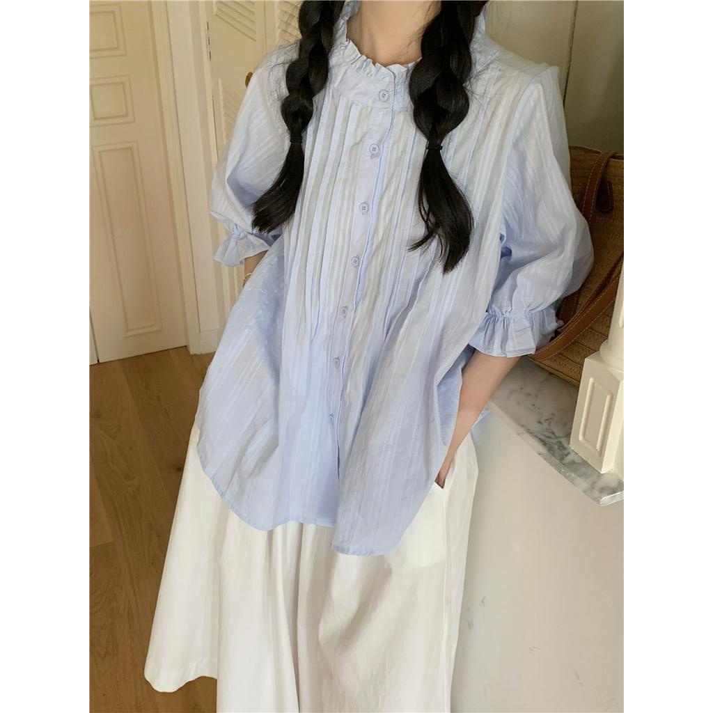 65791 Áo Sơ Mi Rộng Rãi Màu Xanh Dễ Thương / Váy Trắng