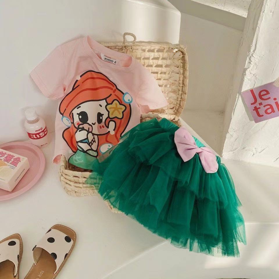 Bộ Áo Thun Tay Ngắn In Họa Tiết Hoạt Hình + Chân Váy Lưới Nơ Thời Trang Mùa Hè Hàn Quốc Dành Cho Nữ 2023