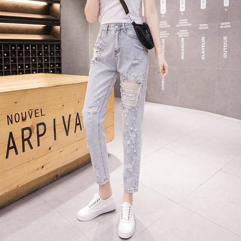 Quần Jeans Rách Đính Ngọc Trai Phong Cách Mới 2022 Thời Trang Cho Nữ