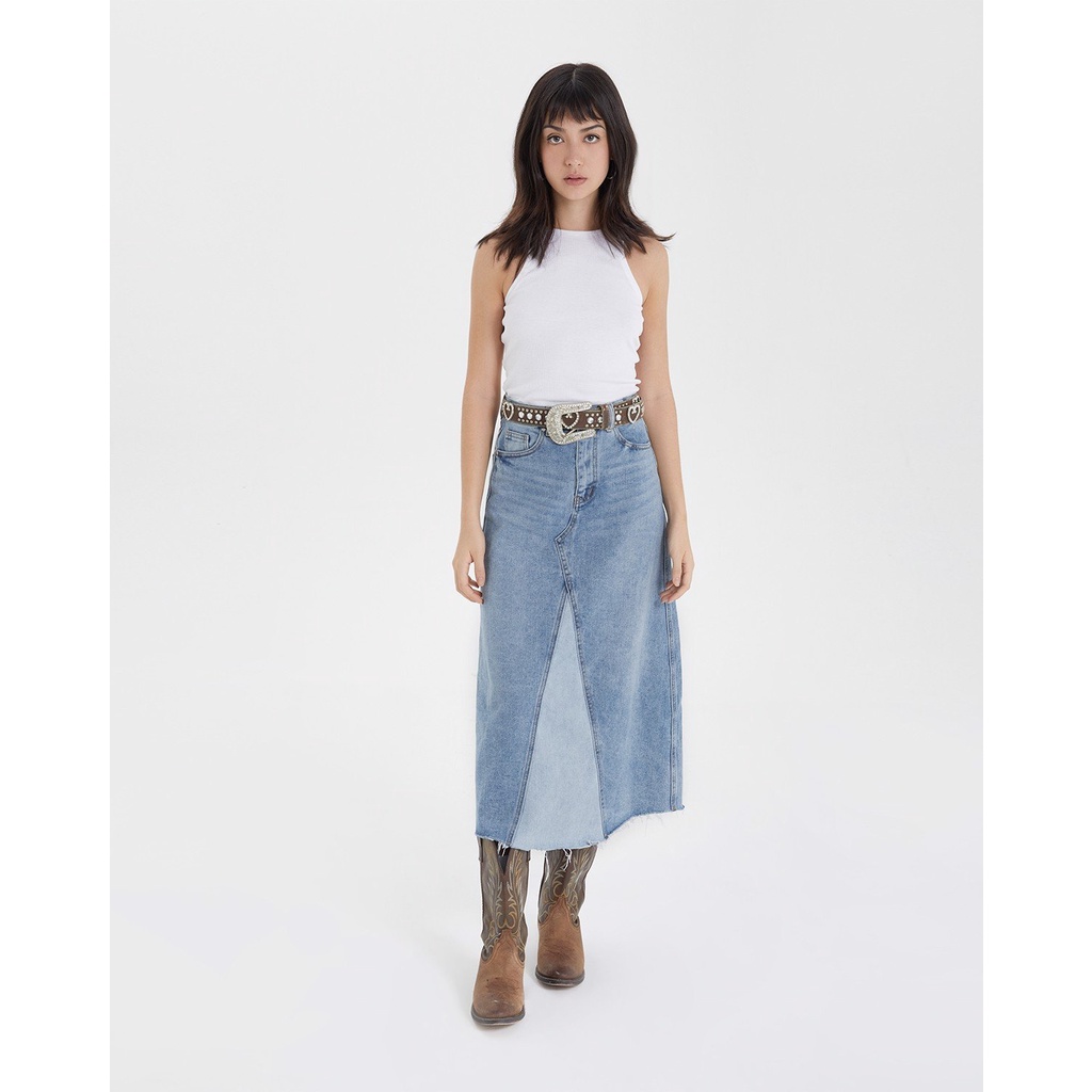 TheBlueTshirt - Váy Jeans Suông Nữ Màu Xanh Nhạt -1970s Denim Midi Skirt - Flower Child Wash