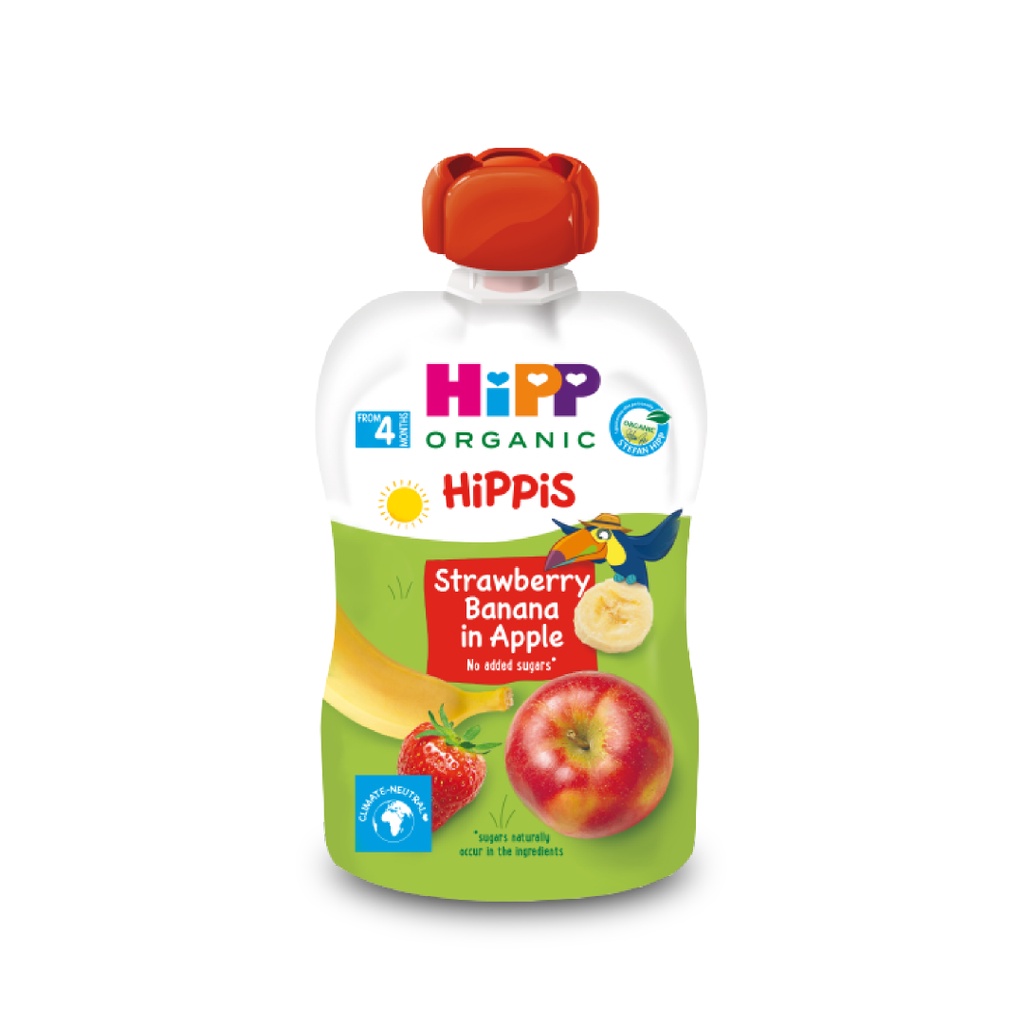 Dinh dưỡng 100% Trái cây nghiền Organic HiPPiS Dâu tây, Chuối, Táo 100g