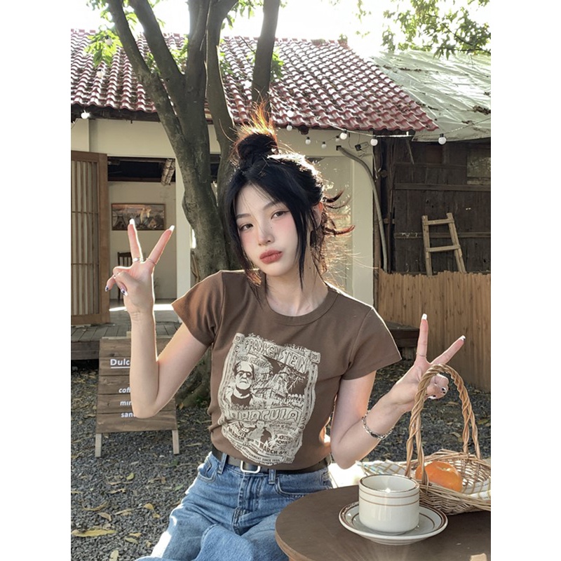 Áo Thun Tay Ngắn Cổ Tròn In Họa Tiết Phong Cách Vintage Mỹ Thời Trang Cho Nữ