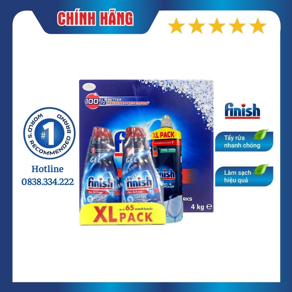 [HCM] Combo Gel rửa chén bát cho máy All in 1 Max 1.3L + Muối 4kg + Bóng 750ml Chính hãng