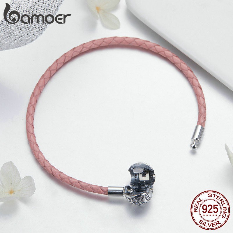 Vòng đeo tay Bamoer thắt dây da phối hạt phụ kiện tròn bằng bạc đính đá zircon dễ thương thời trang dành cho nữ