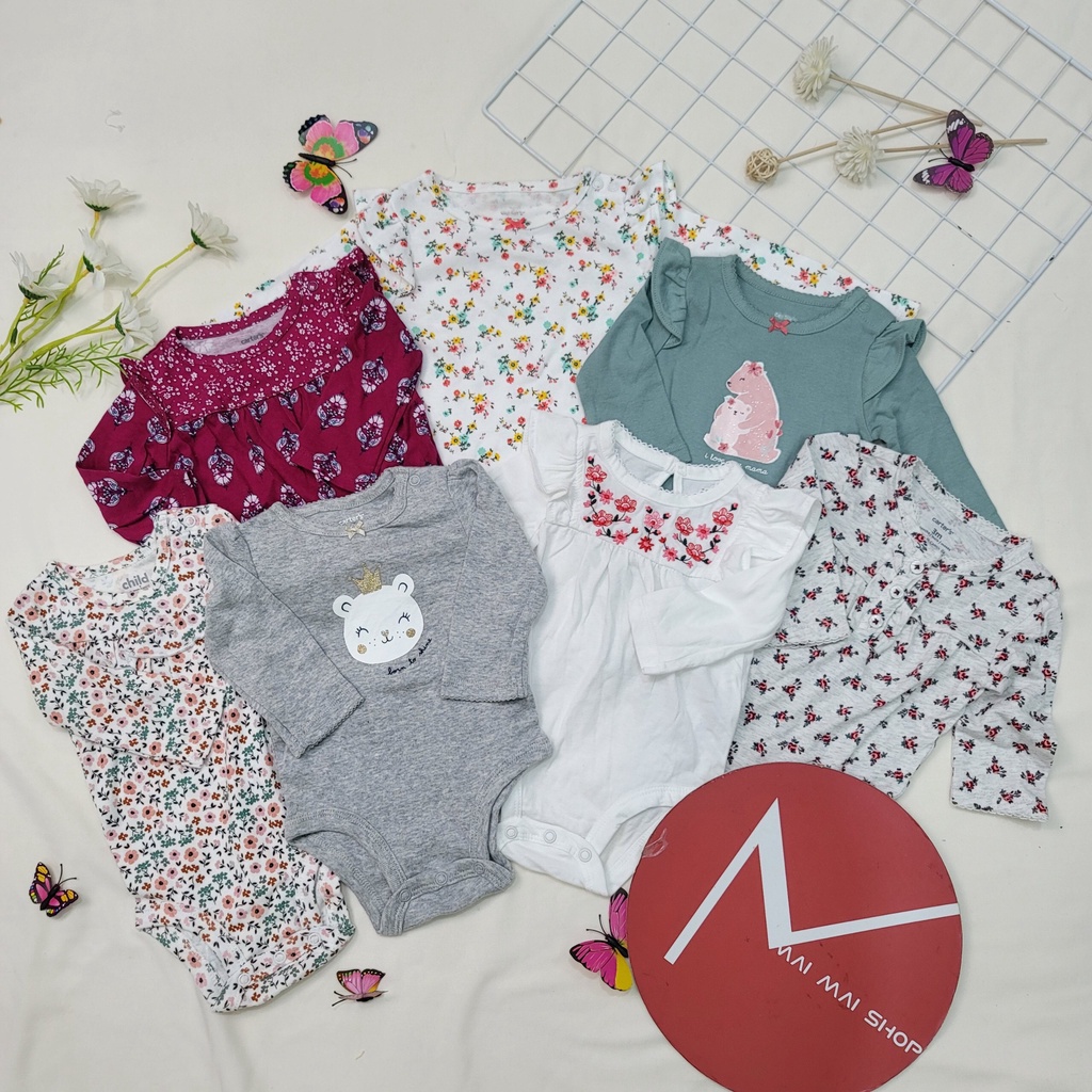 (9-12M chọn màu- gái) Body chip TAY DÀI xuất dư cổ tròn, cổ đáp vai cho bé gái- Bộ liền thân, BODYSUIT cho bé