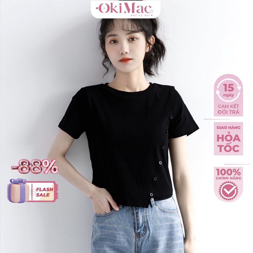 Áo croptop nữ OKIMAC thun nữ cổ tròn vạt lệch phối cúc 3 màu trắng, đen, xanh chất cotton co giãn thời trang nữ