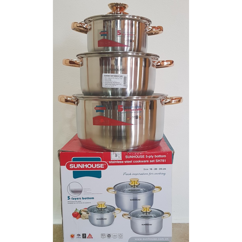 Bộ nồi INOX Sunhouse SH781, 5 đáy dùng cho bếp từ, 3 nồi kích thước: 16cm, 20cm, 24cm. Phù hợp với mọi bếp