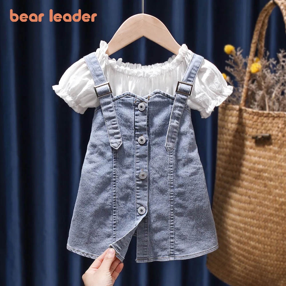 Set áo thun tay ngắn + yếm denim BEAR LEADER thời trang mùa hè 2022 cho bé gái