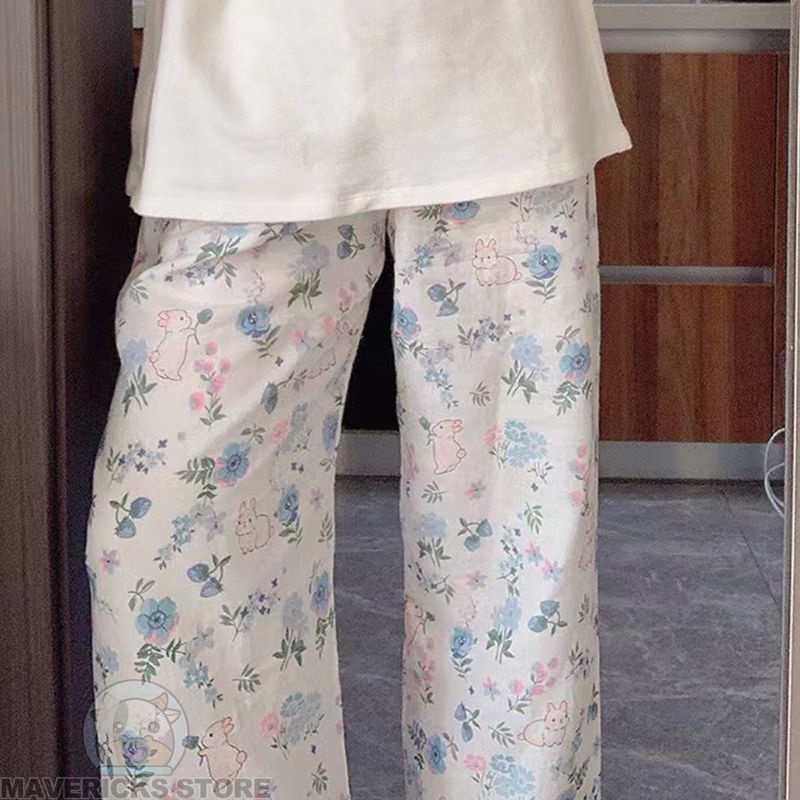 Quần Pijama Ống Rộng Họa Tiết Hoa Thoải Mái Thoáng Khí Cho Nữ