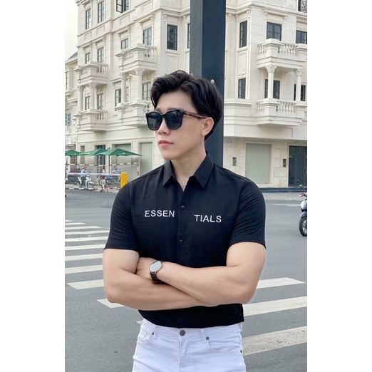 Áo sơ mi nam nữ ngắn tay chất liệu vải đũi thêu chữ ESS, phong cách thời trang công sở tinh tế và sang trọng