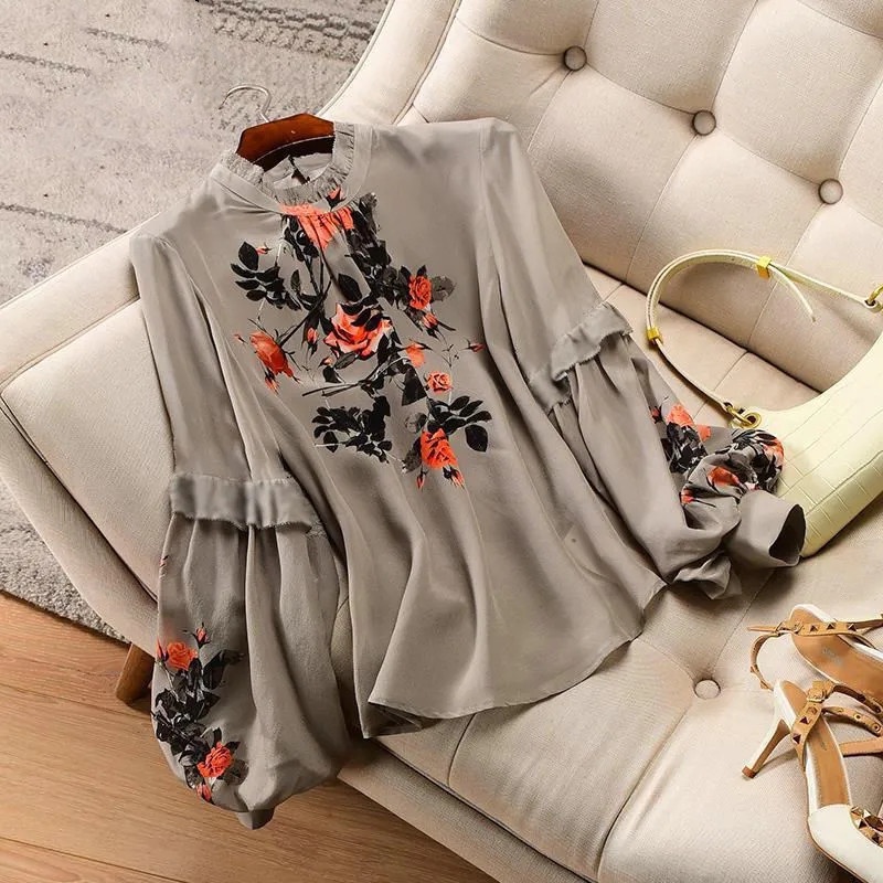 Áo Sơ Mi Lụa Mỏng Tay Phồng In Họa Tiết Hoa Dễ Phối Đồ Dành Cho Nữ