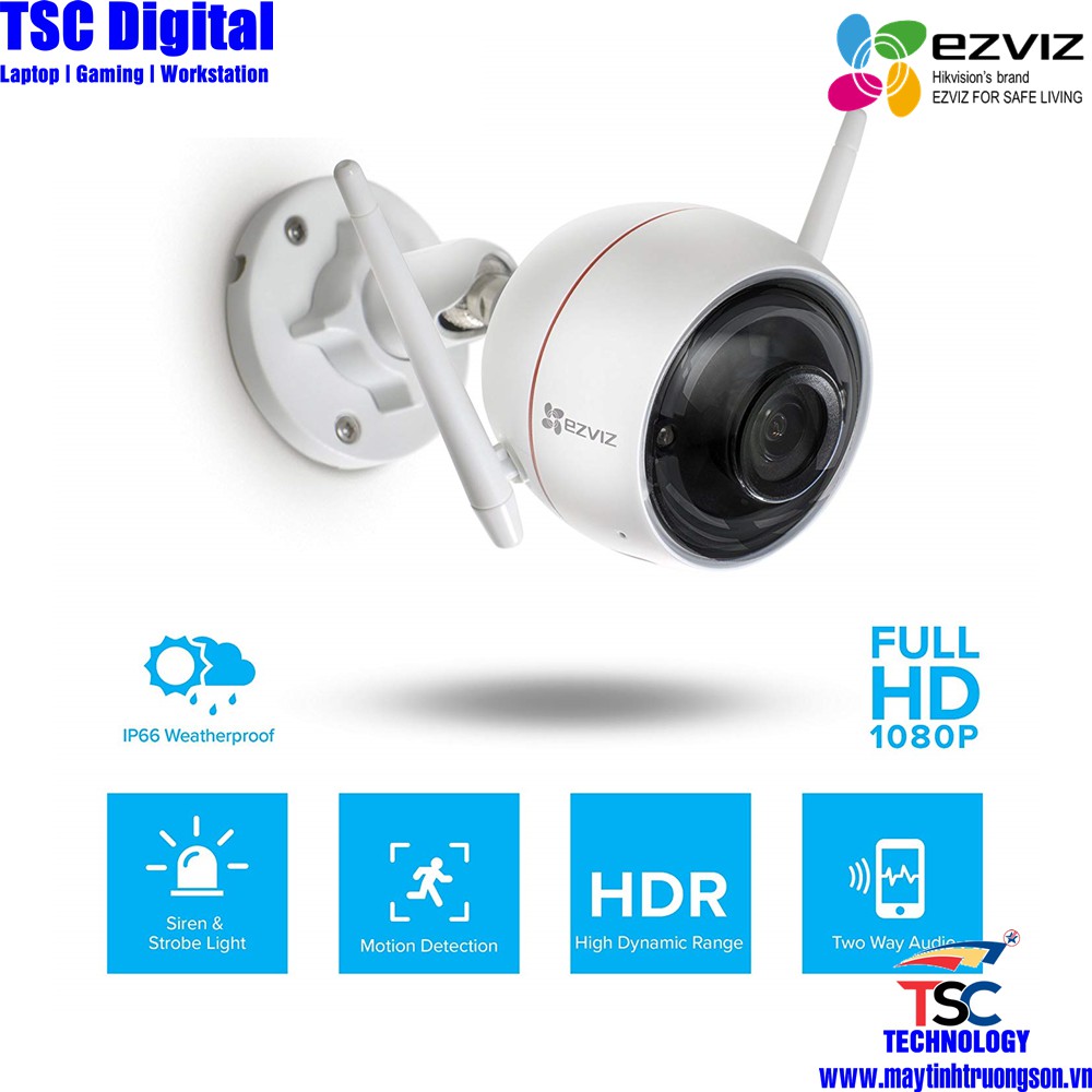 Camera EZVIZ CS-CV310 C3WN 2.0M Ful HD 1080P Kèm Thẻ Lưu Trữ 128Gb | Camera IP66 Ngoài Trời Chịu Mưa Nắng