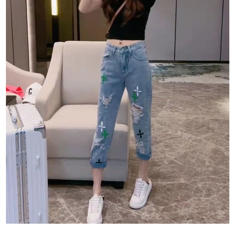 Net red cross pattern ripped jeans women's new summer large size small tall waist thin straight tube daddy pants