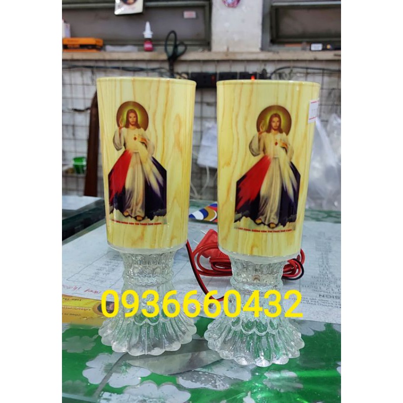 Bộ đèn ly thủy tinh điện bàn thờ công giáo 15cm có in hình Chúa hoặc Mẹ