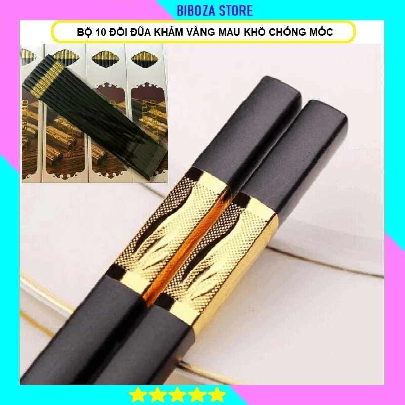 Bộ 10 Đôi Đũa Khảm Vàng Chống Trơn Chống Trượt Chống Mốc Bền Mầu