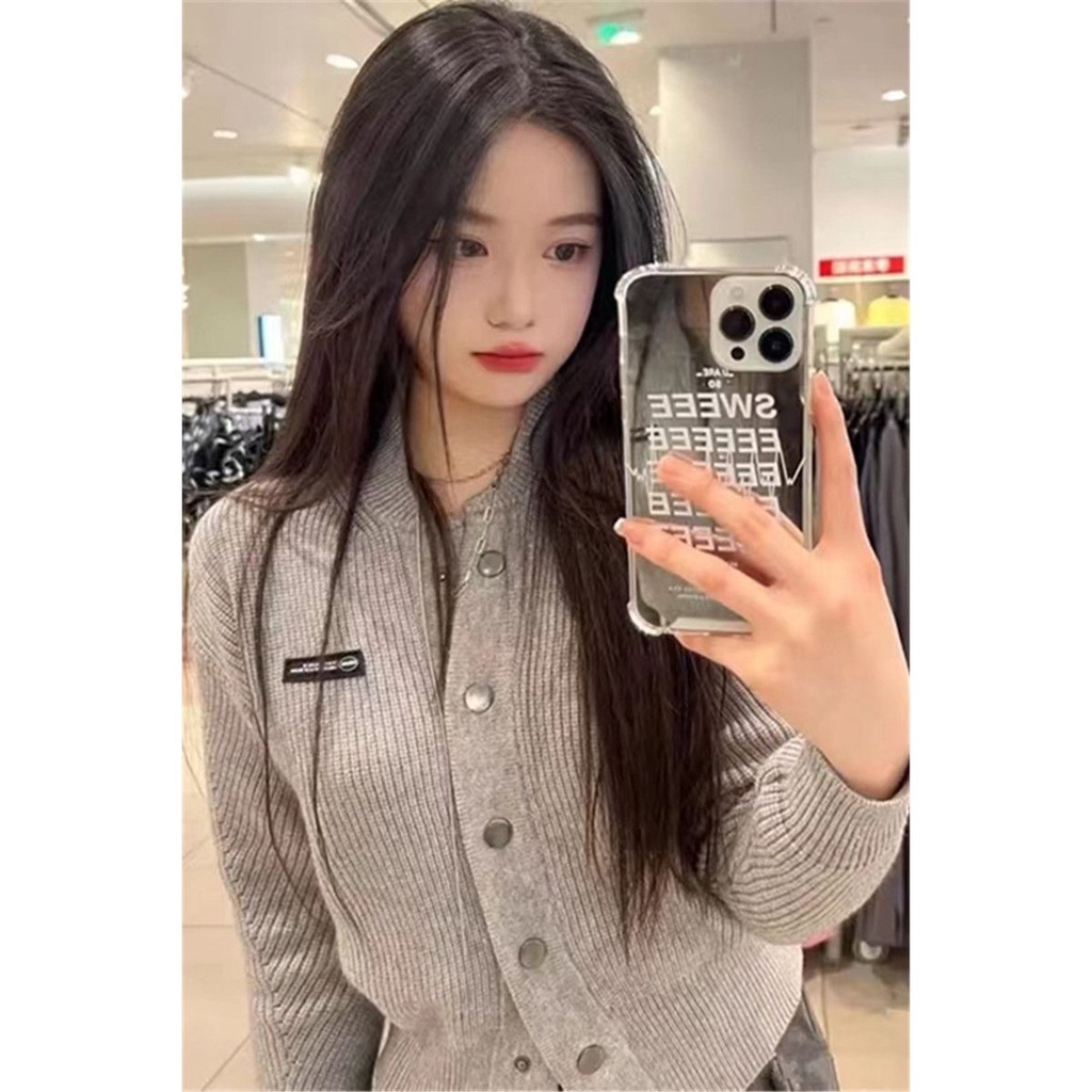 Gentle Japanese style foreign style gray knitted cardigan women's autumn design sense of minority chic slim sweater jacket