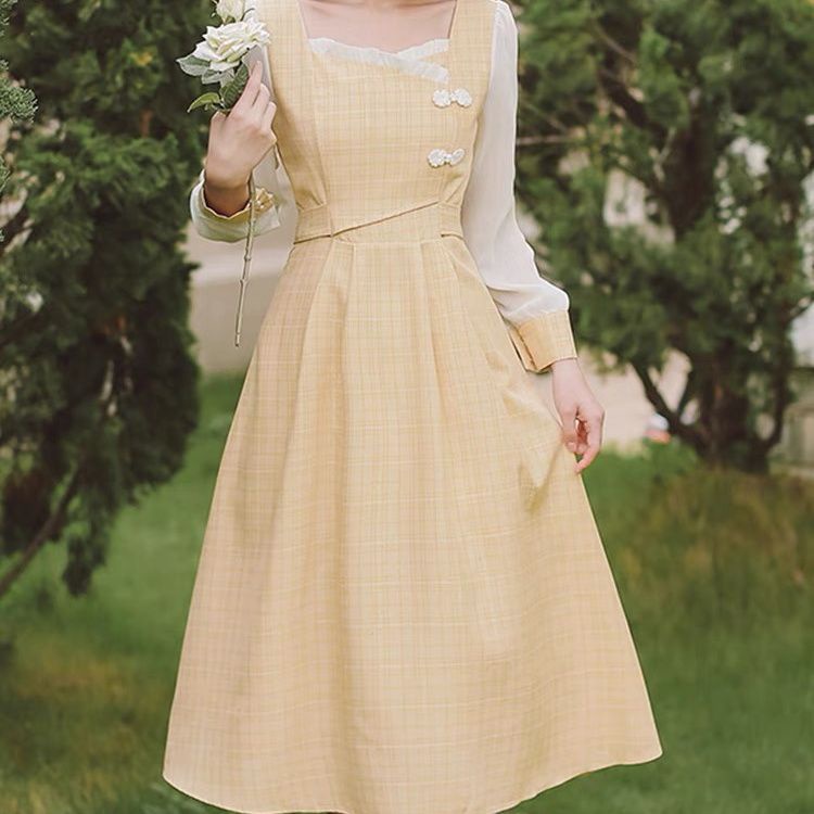 Đầm Dài Họa Tiết Kẻ Ô Cổ Điển Mới Cho Nữ Jllyq-32