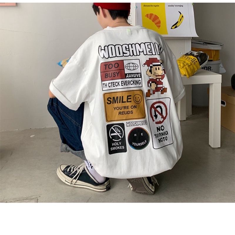 Áo thun tay lỡ nam nữ, áo phông unisex form rộng chất cotton mát mịn thấm hút mồ hôi in hình SMILE