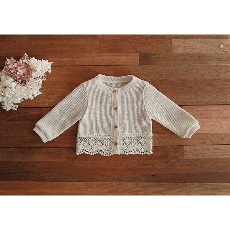 Áo khoác thun gân phối ren cardigan phong cách Hàn Quốc bé gái