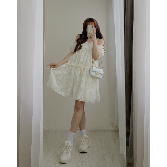 Váy babydoll trễ vai tay phối chun co giản bèo tầng 743