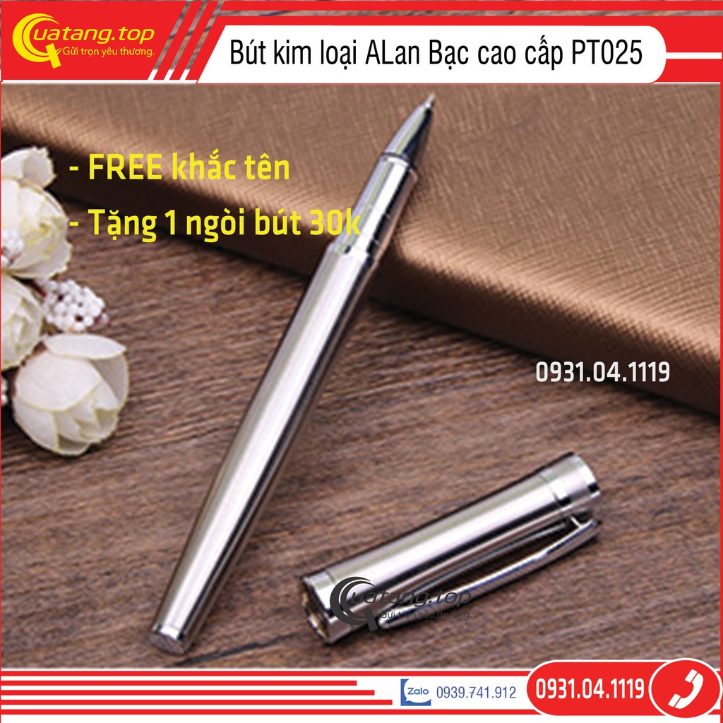 Bút ký tên cao cấp ALan nắp bật PT025 kim loại bạc, ngòi 0.5mm, mực gel màu xanh | Có dịch vụ khắc tên theo yêu cầu