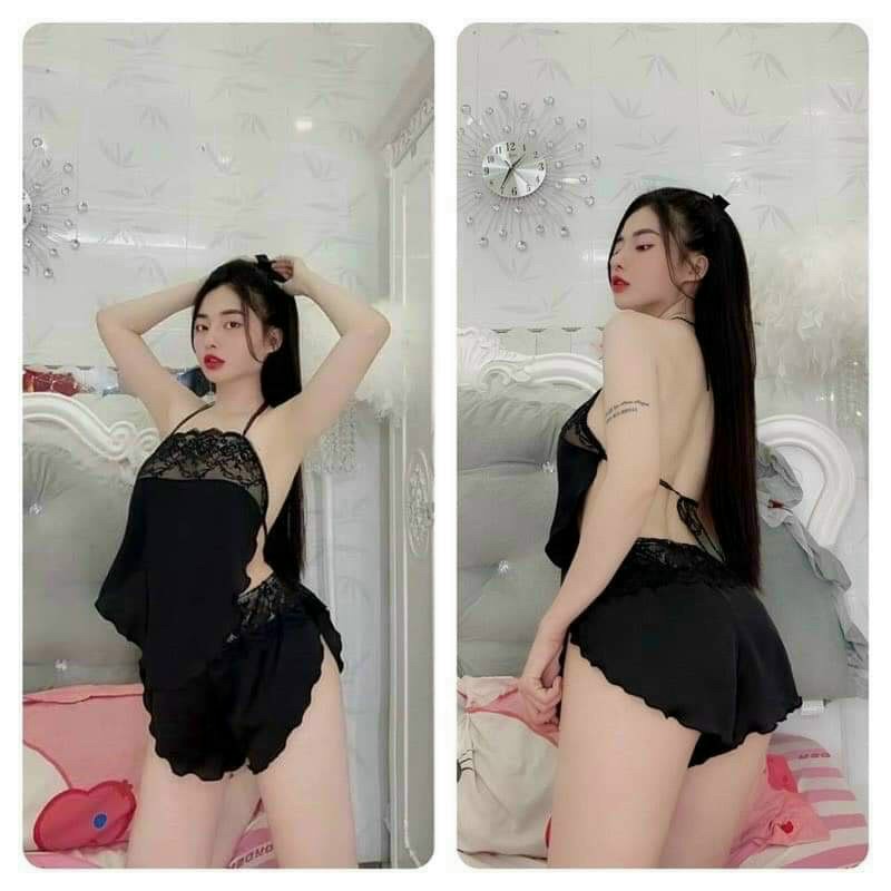 Set áo yếm 2 dây cột dây hở lưng phối ren vàng vải satin mềm mại thoáng mát freesize dưới 57kg