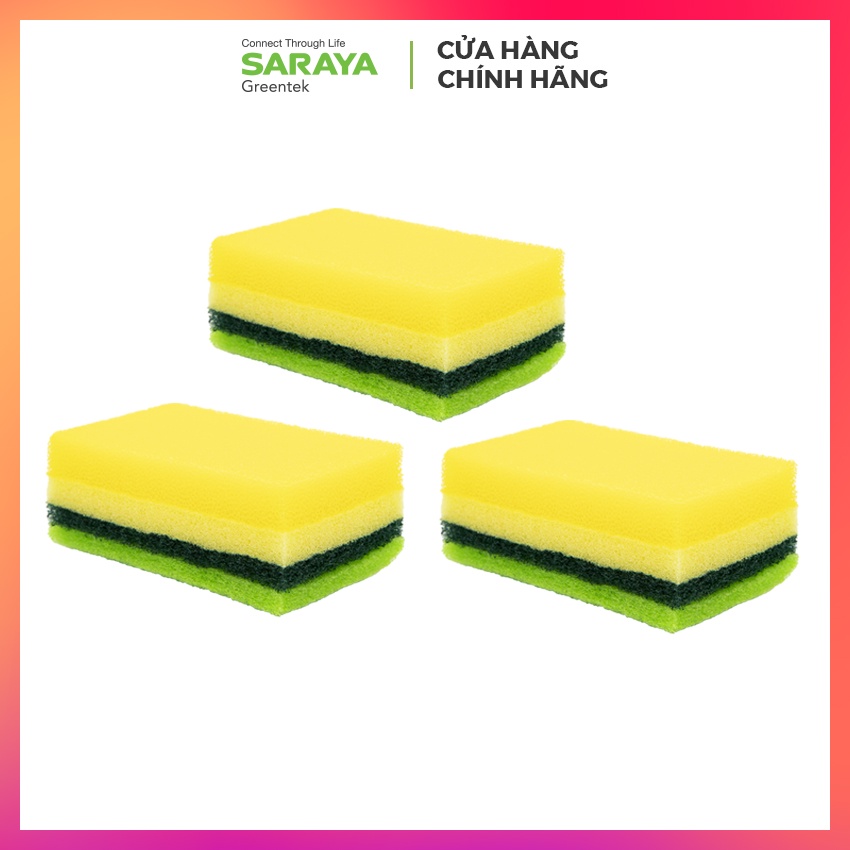 COMBO 3 Miếng Rửa Chén SARAYA BỌT BIỂN 3 LỚP NHẬT BẢN - (Saraya Sponge &amp; Scrubbing Brush Cleaning Set)